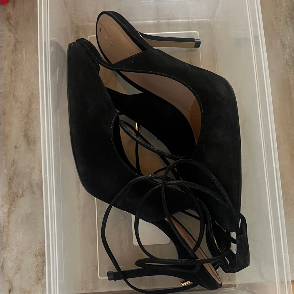 Suede Black Women's Heels with Ankle Tie